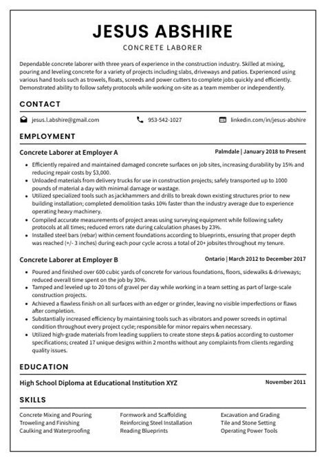 Concrete Laborer Resume (CV) Example and Writing Guide