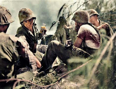 A typical Marine aid station on Saipan during World War II. Pictured are are members of 3/24 ...