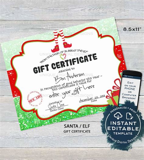 Gift Certificate , Editable Gift Certificate from Santa, Custom Santa