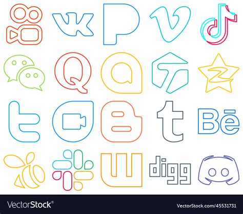 20 creative colourful outline social media icons Vector Image