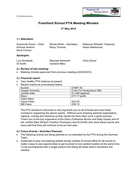 Freshford School PTA Meeting Minutes