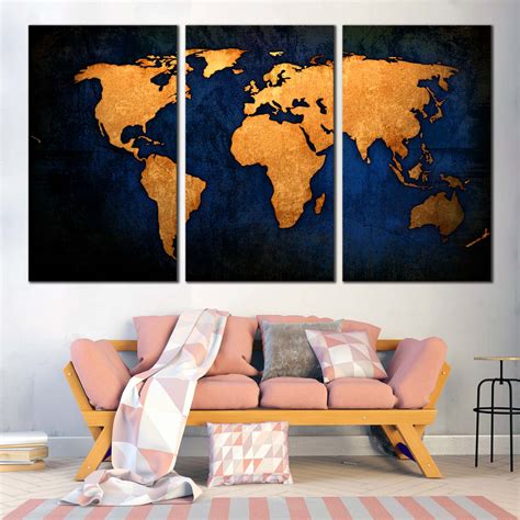 World Map Canvas Wall Art, Blue Background Map Triptych Multiple Canva ...