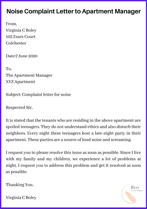 Sample Noise Complaint Letter Template with Examples