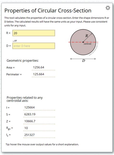 Calculate the properties (mechanical or geometric) of a circular planar cross-section ...