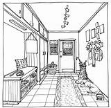 One Point Perspective Interior Drawing Sketch Coloring Page sketch template