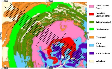 Figure 2: Vredefort Dome test survey lines overlain on surface geology (Cowan and Cooper, 2009)