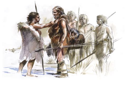 A Neanderthal clan greet a Homo sapiens man by Benoît Clarys | Каменный ...