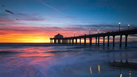 HD wallpaper: horizon, pier, manhattan beach pier, sea, sundown, dusk, sunset | Wallpaper Flare