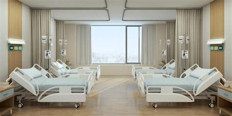 Premium Photo | Hospital recovery room with beds and chairs.3d rendering