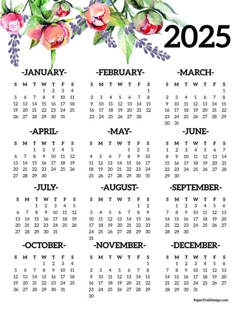 2025 Printable Calendar One Page - Paper Trail Design