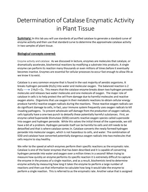 Catalase Activity Lab - Determination of Catalase Enzymatic Activity in Plant Tissue Summary: In ...