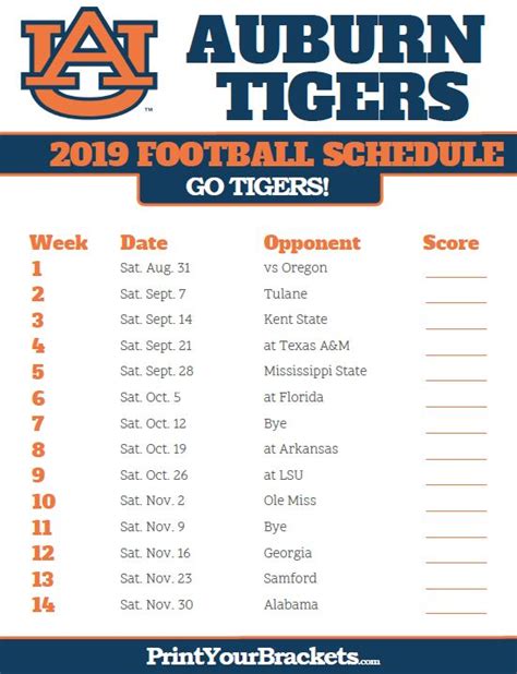 2019 Printable Auburn Tigers Football Schedule | Auburn tigers football ...