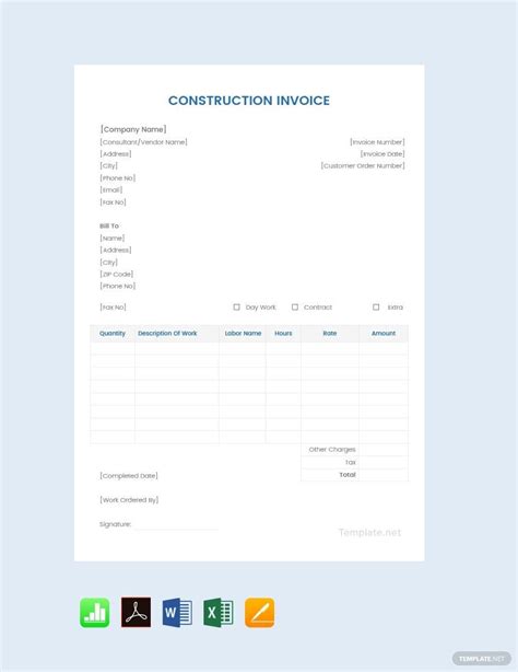 Construction Invoice Templates in Excel - Download in Word, Google Docs ...