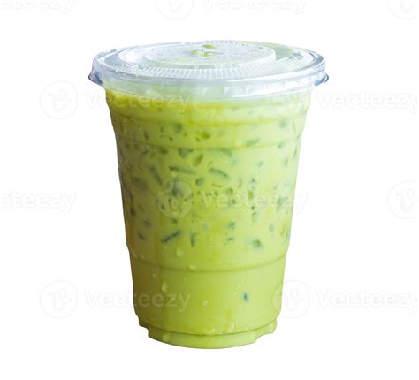 Iced matcha latte or Thai condensed milk-added green tea in transparent plastic glass isolated ...