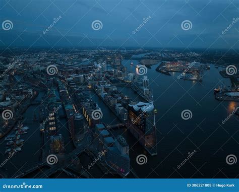 Birds Eye View on the City of Hamburg, Hafencity, Elbphilharmonie Concert Hall and River Elbe at ...