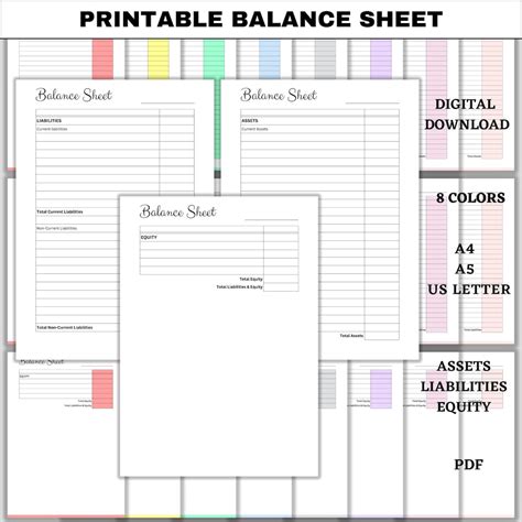 Printable Balance Sheet Template, Financial Statement, Assets ...