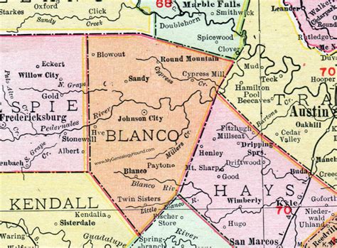 Blanco County, Texas, Map, 1911, Johnson City, Blanco City, Round ...