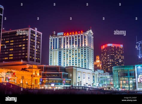 Skyline of Atlantic City, New Jersey at night at the boardwalk Stock ...