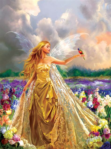 a painting of a fairy holding a bird in her hand