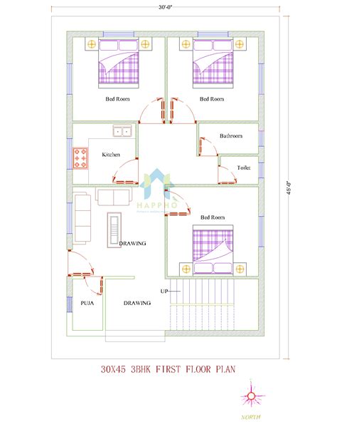 30X45 North Facing House Plan || 3 BHK Plan-087 – happho