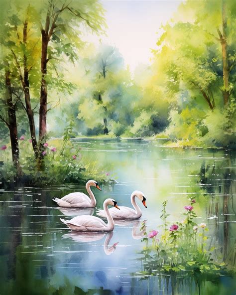 Swans on a Lake Watercolor Painting | Watercolor scenery, Scenery ...