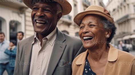 Happy Elderly African American Couple Enjoying a Walk Along The European Streets During Thier ...