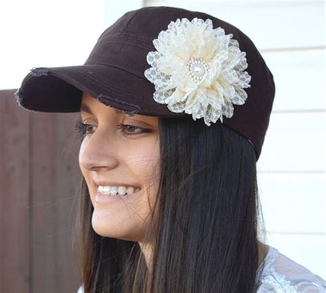 Brown Womens Hat ivory Flower Hat distressed hat womens