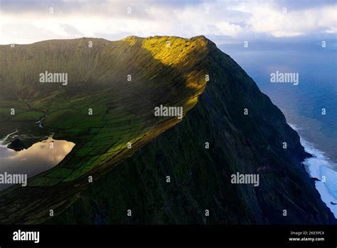 Aerial view of Caldeirao crater, Corvo island, Azores, Portugal Stock ...