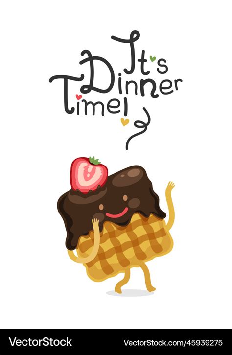 Dinner time lettering with cartoon waffle Vector Image