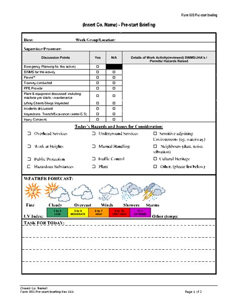 Form 003 Pre Start Briefing (Word) | Word template, Safety management ...