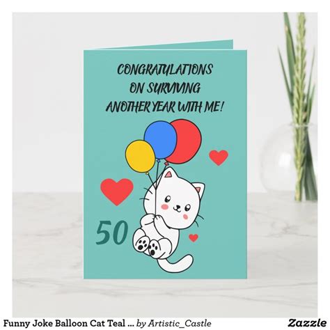 Happy 50th Birthday Card with Cat Balloons