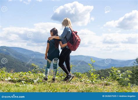 Mother and Daughter Enjoying the View after a Mountain Hike Stock Image ...