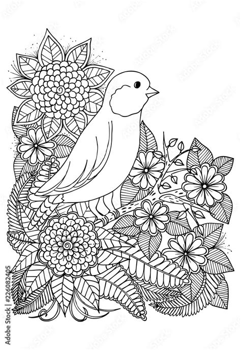 Outline vector drawing of flowers and bird for adult coloring books ...