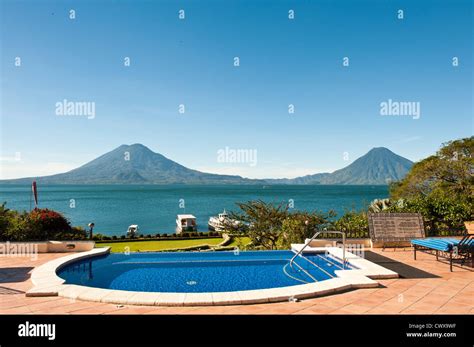 Toliman volcano and Lago de Atitlan, Lake Atitlan, from Hotel Atitlan ...