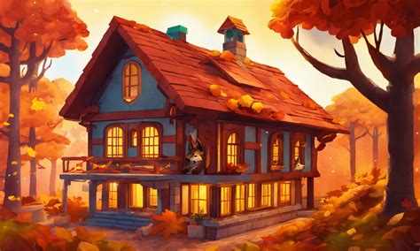 Lexica - One Cartoon style wolf on the roof of the brick house in the magical autumn forest.