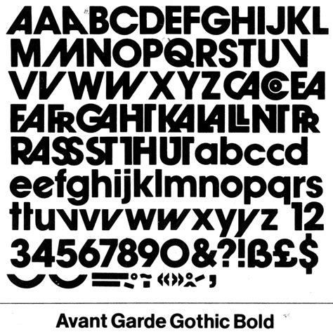 Showings of Avant Garde Gothic family including variants and ligatures designed by Herb Lubalin