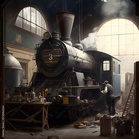 1930s steam locomotive being repaired in building realistic interior by Vermeer ilustración de ...