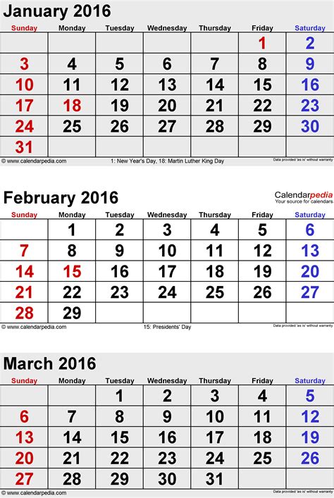 March 2016 Calendar | Templates for Word, Excel and PDF