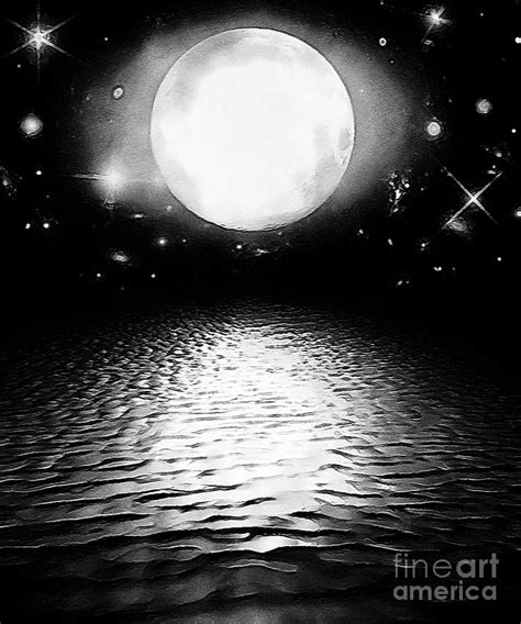 Black and White Full Moon in the Night Sky over the Ocean Digital Art by Douglas Brown - Fine ...