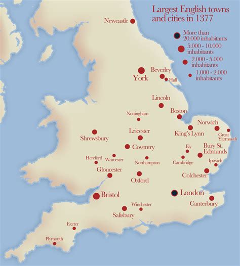 Largest English towns and cities in 1377. | Map of britain, English ...