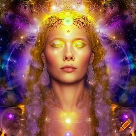Ethereal goddess surrounded by golden cosmic energy
