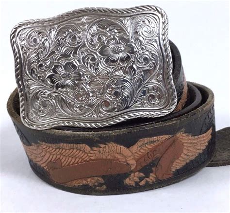 Wrangler Genuine Leather Tooled Western Belt & Buckle American Eagle ...