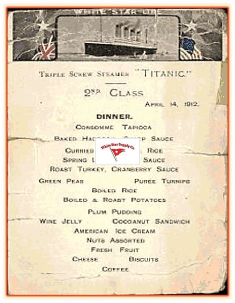 RMS TITANIC SECOND CLASS DINNER MENU, APRIL 14, 1912. FINAL MEAL before sinking. | #4573596355