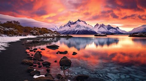 Premium AI Image | A sunset over a mountain lake