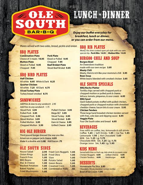 Ole South Barbeque menu in Owensboro, Kentucky, USA