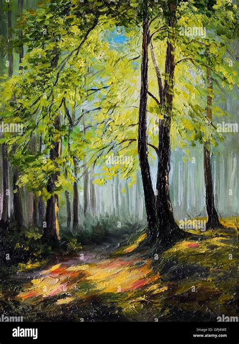 Oil painting landscape - colorful autumn forest , tree Stock Photo - Alamy