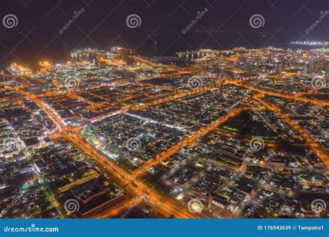 Aerial View of Dubai Downtown, Highway Roads or Street in United Arab Emirates or UAE. Financial ...