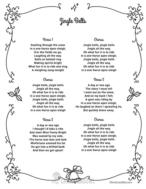 Free printable lyrics for Jingle Bells. Download them at https://christmasowl.com/download/lyri ...