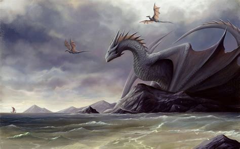 a white dragon sitting on top of a rock in the ocean next to some birds