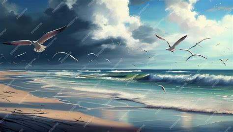 Premium AI Image | A painting of a beach with seagulls flying over it.